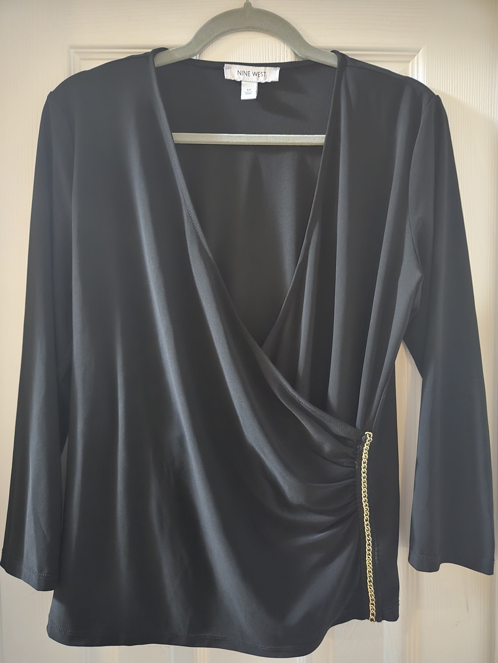 Nine West Black Wrap-Front Chain Accent Top